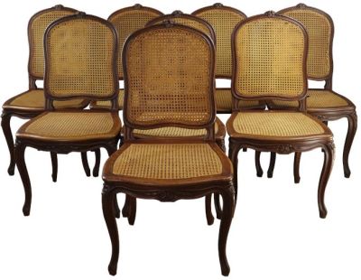 Antique Dining Chairs Louis XVI French Walnut Wood Cane Rattan 1900