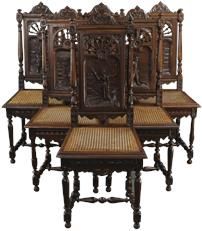 Antique Dining Chairs Brittany Set 6 French 1900 Carved Chestnut Figures Cane