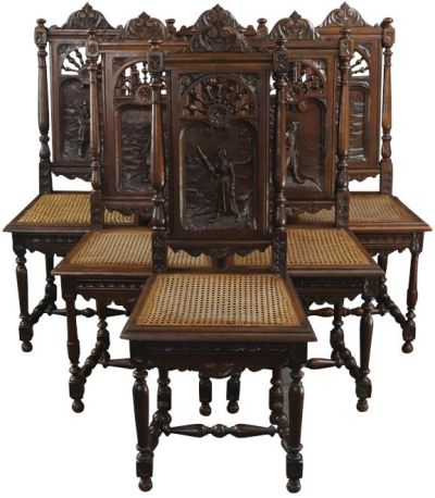 Antique Dining Chairs Brittany Set 6 French 1900 Carved Chestnut Figures Cane