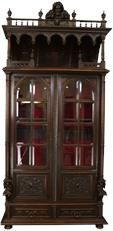 Antique Jester Bookcase French Renaissance Carved Walnut Jester Figures, Glass