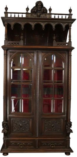 Antique Jester Bookcase French Renaissance Carved Walnut Jester Figures, Glass