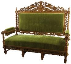 Settee Antique Hunting Carved Oak Griffins French Renaissance Green Upholstery