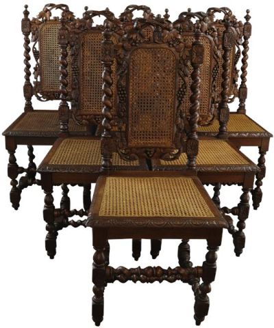 Antique Dining Chairs Hunting Renaissance Set 6 Carved Oak Grapes Rattan 1880