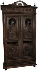 Antique Armoire Brittany French Carved Country People Figures Ship Wheel 2-Door