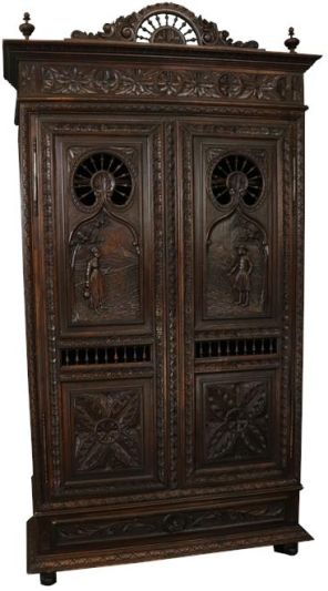 Antique Armoire Brittany French Carved Country People Figures Ship Wheel 2-Door