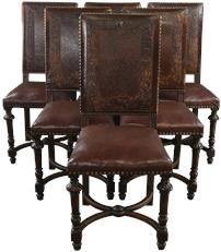 Antique Dining Chairs Renaissance Set 6 French Brown Embossed Leather Walnut