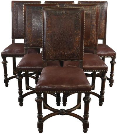 Antique Dining Chairs Renaissance Set 6 French Brown Embossed Leather Walnut