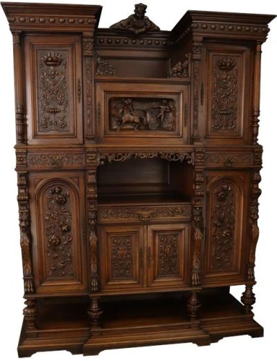 Antique Buffet Renaissance Jester Horse Chariot Ornately Carved Walnut French