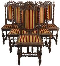 Antique Dining Chairs Hunting Set 6 French Oak Red Yellow Gold Stripe Upholstery 