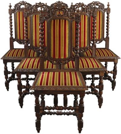 Antique Dining Chairs Hunting Set 6 French Oak Red Yellow Gold Stripe Upholstery 