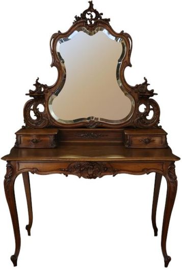 Antique Vanity Louis XV Rococo Pretty Carved Walnut Large Mirror Drawers