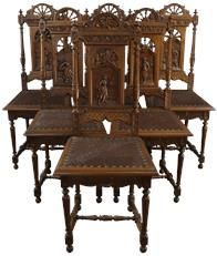Brittany Dining Chairs Set 6 Antique Carved Oak Folk Figures Brown Leather