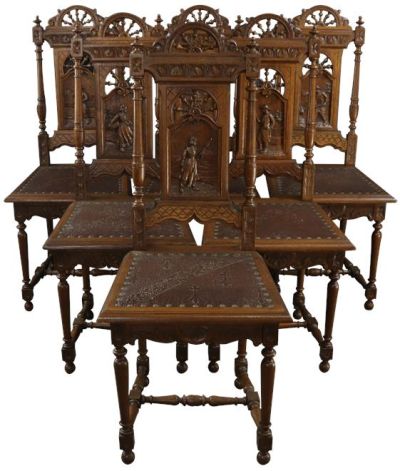 Brittany Dining Chairs Set 6 Antique Carved Oak Folk Figures Brown Leather