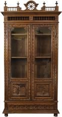 Bookcase Antique Brittany French Carved Country People Figures Glass 2-Door 1890