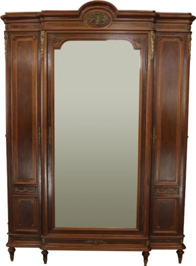 Antique Armoire French Louis XVI Style, Mahogany, 3-Door, Mirror, Ormolu