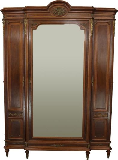 Antique Armoire French Louis XVI Style, Mahogany, 3-Door, Mirror, Ormolu