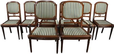 Antique Dining Chairs Louis XVI French Set 8 Mahogany Satinwood Banding Blue