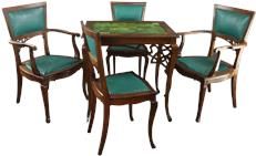 Antique Card Table with 4 Chairs Art Nouveau Oak Green Majolica Tile Upholstery