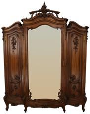 Antique Armoire Louis XV Wardrobe Rococo Opulent Carved Walnut Mirrors 3-Door