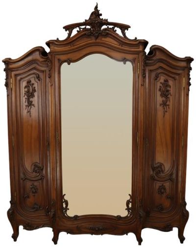 Antique Armoire Louis XV Wardrobe Rococo Opulent Carved Walnut Mirrors 3-Door
