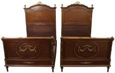 Pair of Beds Antique Louis XVI French Mahogany Ormolu Garland Brass Accents