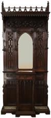 Hall Tree Antique French Gothic Carved Walnut Marble Arch Mirror Iron Coat Rack