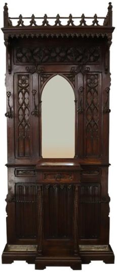 Hall Tree Antique French Gothic Carved Walnut Marble Arch Mirror Iron Coat Rack