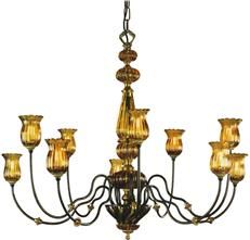 Chandelier ALBA 10-Light Gold Leaf Silver Wrought Iron Wood Details Mouth-Blown