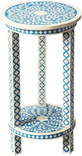 Accent Table Moroccan Round Heritage Blue Distressed Bone Solid Wood Inlay