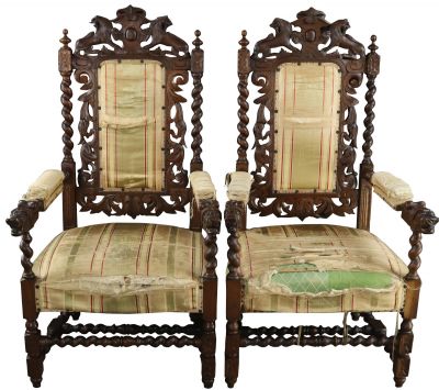Antique Arm Chairs Pair Hunting Renaissance Carved Lions Twists Oak Wood 1880
