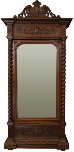 Antique Armoire Wardrobe French Hunting Renaissance Oak Beveled Mirror Shelves