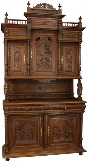 Antique Buffet Brittany Sideboard Carved Figures Pastoral Folk Scenes Rustic Oak