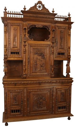 Antique Buffet Brittany Sideboard Carved Figures Pastoral Folk Ship Wheels Large