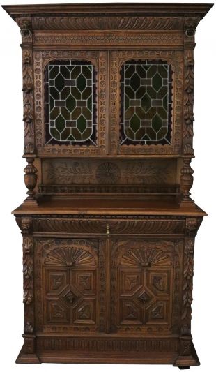 Antique Buffet Mechelen Renaissance 1890 Carved Oak Wooden Peg, Stained Glass