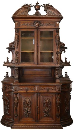Antique Buffet Renaissance French Elegant Carved Oak Urns Grapes Glass Doors