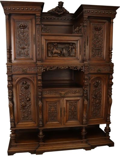 Antique Buffet Renaissance Jester Horse Chariot Ornately Carved Walnut French