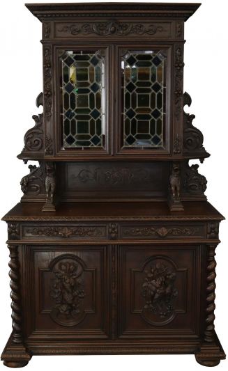 Antique Buffet Sideboard Hunting Dogs Oak Renaissance Stained Glass