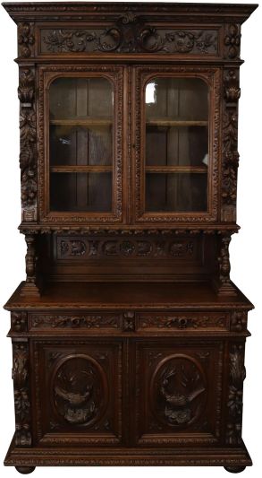 Antique Buffet Sideboard Hunting Renaissance Carved Oak Birds Griffin Glass Door
