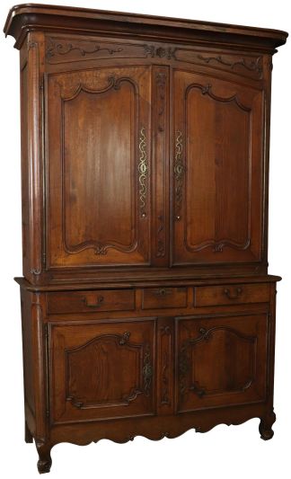 Antique Cabinet French Country Oak Inlaid Flowers Very Old 1790 4-Doors 2-Drawer