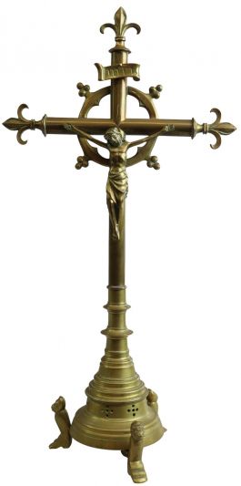 Antique Crucifix Cross Religious Gothic Styling Fleur De Lis Jesus Large Brass