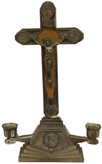 Antique Crucifix Cross Religious Madonna of Lourdes Mary Copper Metal Brass