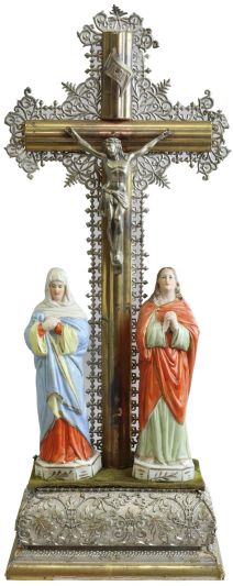 Antique Crucifix Cross Religious Mary and John Jesus Brass Ceramic Metal Wo
