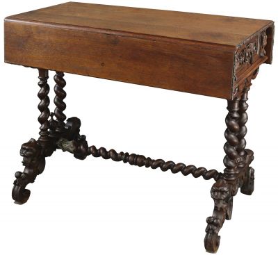 Antique Desk French Hunting Ornately Carved Oak Lions Twists Drawer 1880