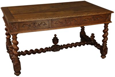 Antique Desk Hunting Renaissance Barley Twist Turned Legs X-Frame Stretcher