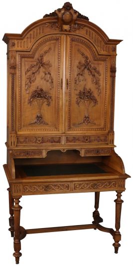 Antique Desk Louis XVI French Walnut Wood Exquisite Carvings Scroll Flowers
