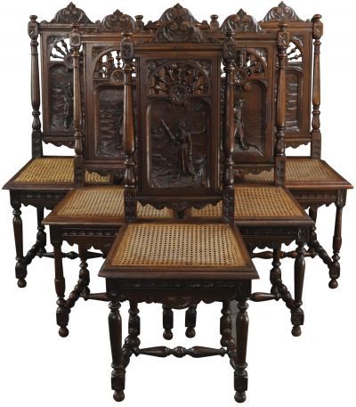 Antique Dining Chairs Brittany Set 6 French 1900 Carved Chestnut Figures Cane