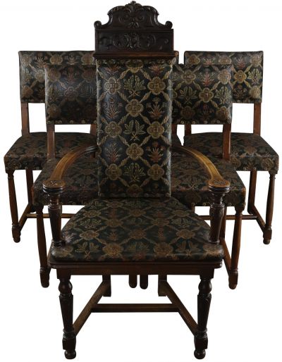 Antique Dining Chairs Chair Set 6 French 1900 Wood Upholstery Leaf Quatrefoil