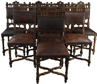 Antique Dining Chairs Henry II Renaissance Set 8 Walnut Wood Embossed