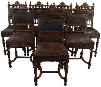 Antique Dining Chairs Henry II Set 8 Renaissance Embossed Leather Walnut
