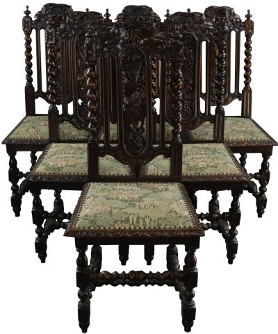 Antique Dining Chairs Hunting Renaissance Green Tapestry Fabric Set 6 Oak